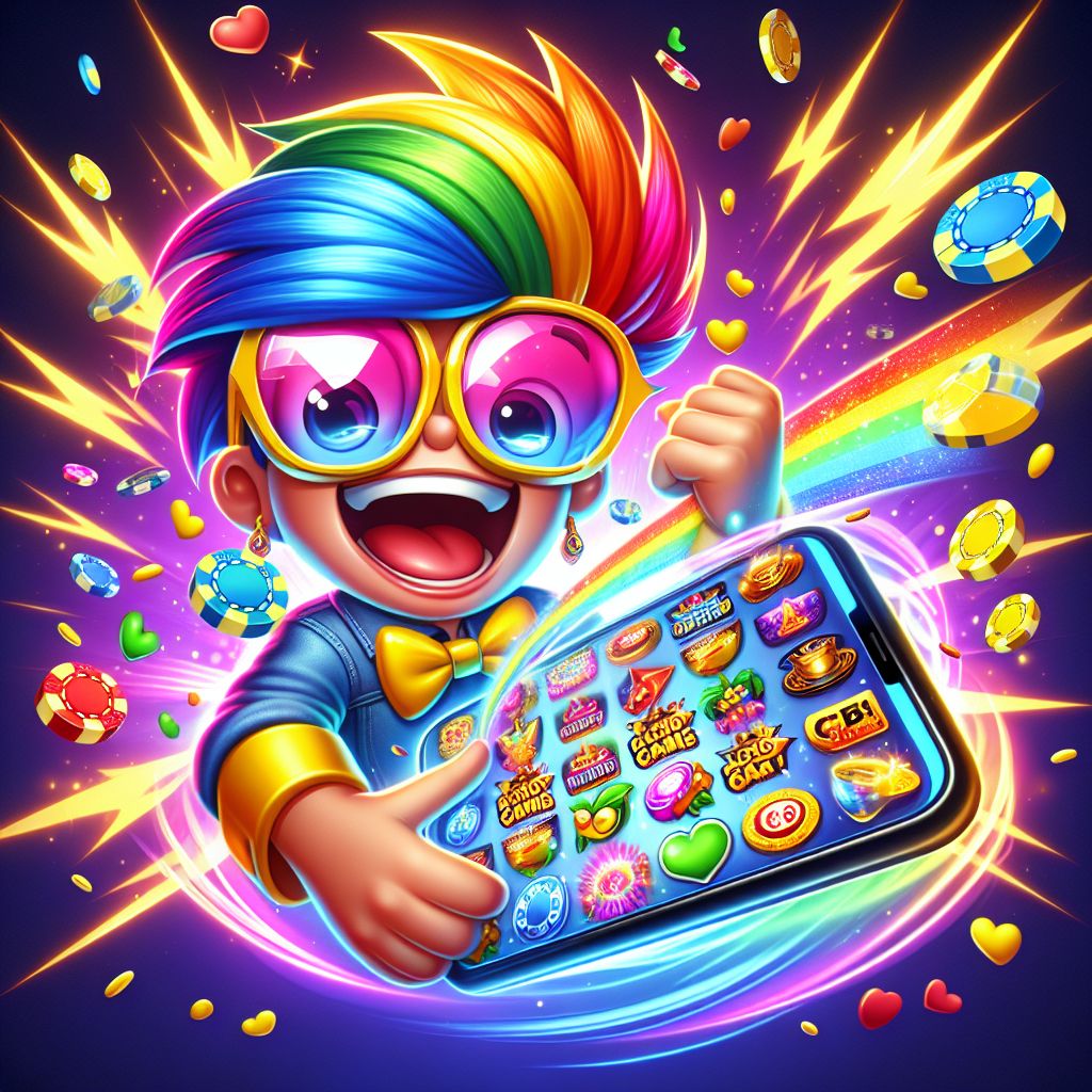 Cartoon character holding a smartphone with AK3333 casino games on screen