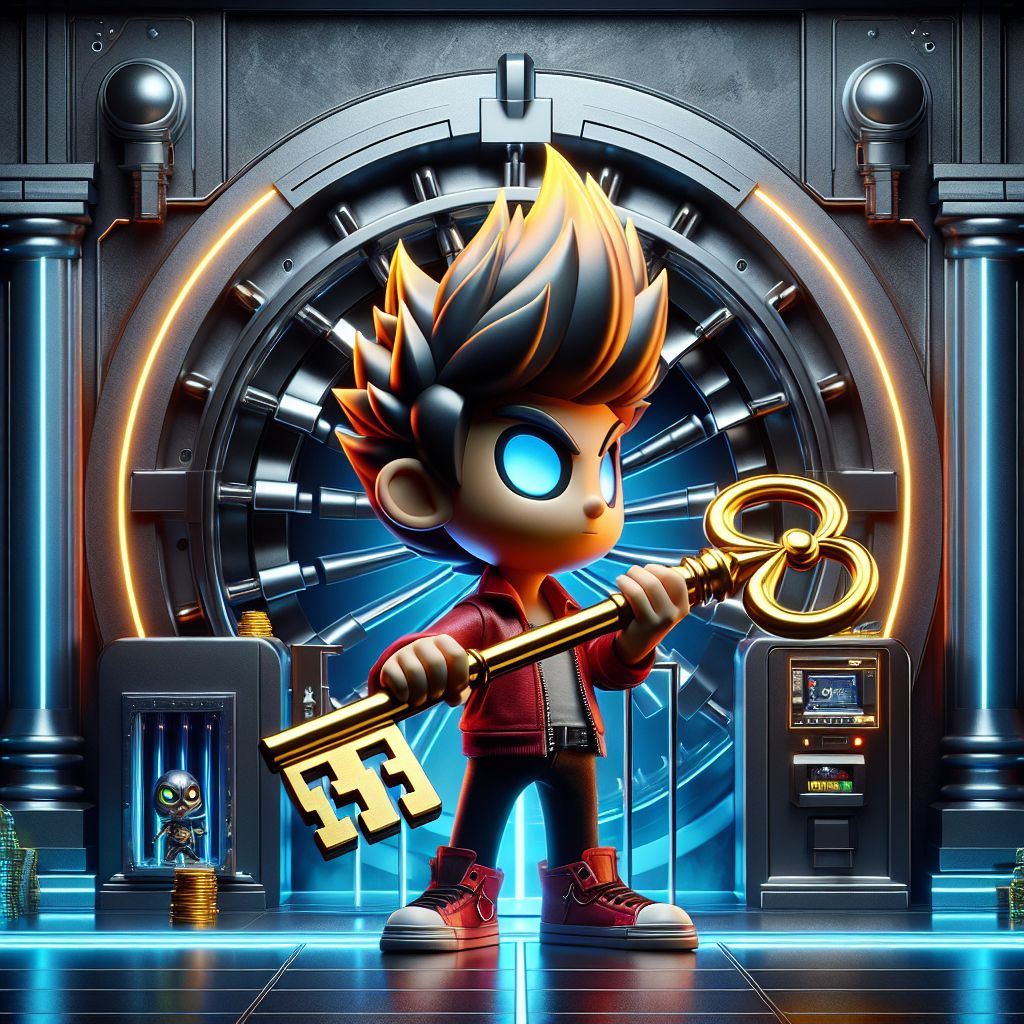 Cartoon character entering a secure vault door with AK3333 casino elements