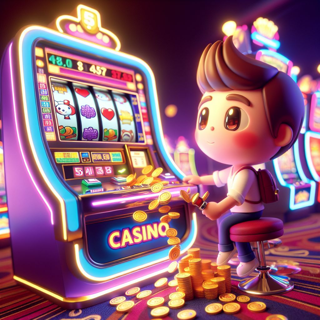 AK3333 slot machine bursting with coins and a happy cartoon character